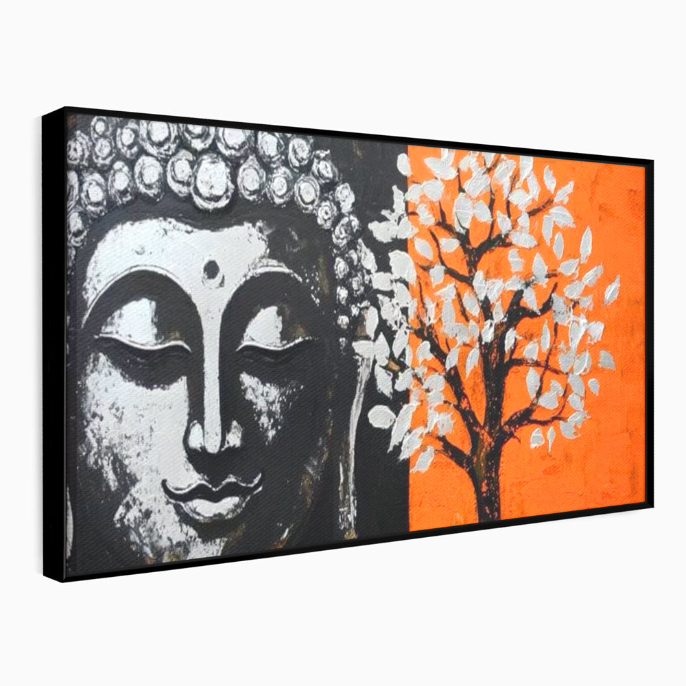 Tablou canvas cu tablou canvas cu capul lui buddha si un copac, in rama de aluminiu negru